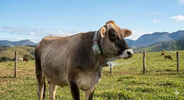 Fotografia de gado em pasto verde usando colar inteligente robusto e claramente vis&iacute;vel, com uma sobreposi&ccedil;&atilde;o visual sutil de um pol&iacute;gono pontilhado que representa o limite da cerca virtual e o monitoramento GPS. Pecu&aacute;ria de precis&atilde;o.
