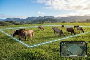 Fotografia panor&acirc;mica de uma manada de gado a pastar numa pastagem verdejante, contida por uma cerca virtual representada por uma linha geom&eacute;trica luminosa no ch&atilde;o. No canto inferior direito, a interface de um telem&oacute;vel exibe um mapa de sat&eacute;lite georreferenciado para o controlo digital do rebanho. V&aacute;rios animais utilizam coleiras inteligentes com GPS no pesco&ccedil;o, sob um c&eacute;u azul claro com montanhas ao fundo.