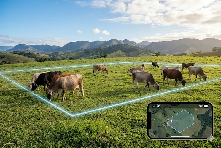 Fotografia panorâmica de uma manada de gado a pastar numa pastagem verdejante, contida por uma cerca virtual representada por uma linha geométrica luminosa no chão. No canto inferior direito, a interface de um telemóvel exibe um mapa de satélite georreferenciado para o controlo digital do rebanho. Vários animais utilizam coleiras inteligentes com GPS no pescoço, sob um céu azul claro com montanhas ao fundo.