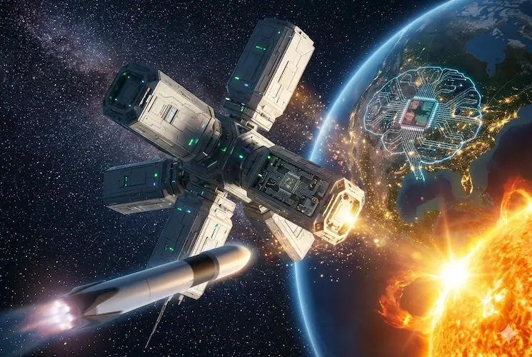 Diagrama conceitual de computação espacial e infraestrutura de data center orbital. A ilustração exibe uma complexa rede de satélites modulares formando uma malha tática sobre uma seção da Terra com nós de dados integrados. Uma brilhante explosão solar (Solar Flare) interage com a rede e o planeta, demonstrando os desafios térmicos e de radiação. Chips resistentes à radiação e componentes de processamento em tempo real são visíveis nos módulos. Livre de texto verbal.