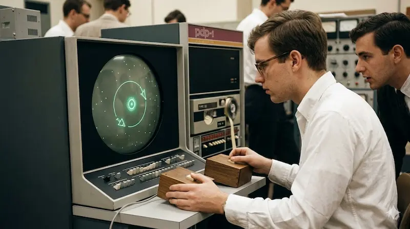 Fotografia fotorrealista de 1962 mostrando dois estudantes do MIT no laborat&oacute;rio, jogando o Spacewar! original no terminal Type 30 CRT de um computador DEC PDP-1.