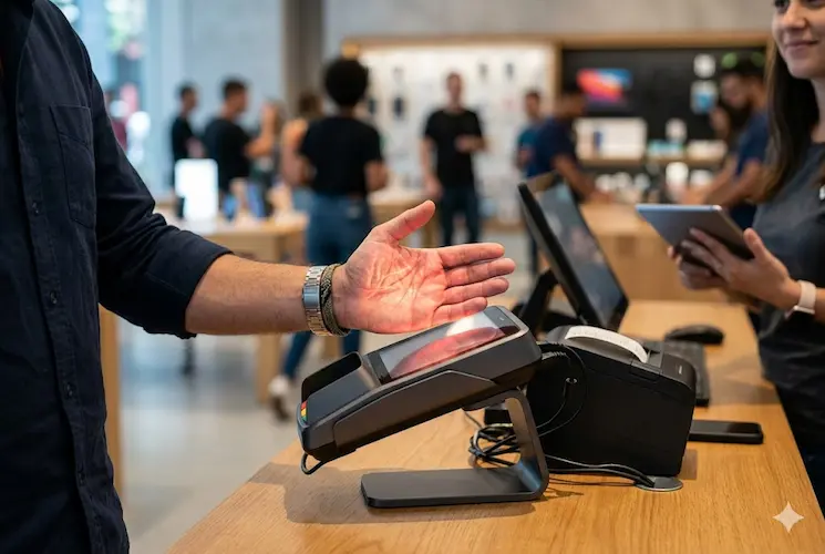 Cliente realizando pagamento com a palma da mão em um terminal biométrico que emite luz vermelha para leitura das veias, em uma loja de tecnologia.