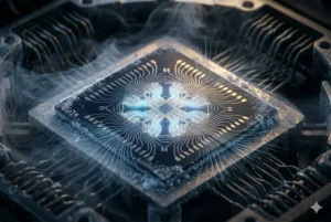 Vis&atilde;o macro de um chip de computador qu&acirc;ntico supercondutor com circuitos detalhados brilhando em azul neon e dourado. O chip est&aacute; coberto por uma fina camada de cristais de gelo e envolto em vapor criog&ecirc;nico, com linhas sutis de fluxo magn&eacute;tico emanando de sua estrutura met&aacute;lica em um ambiente escuro e tecnol&oacute;gico.