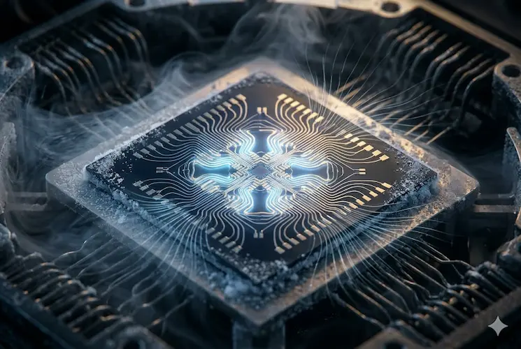Visão macro de um chip de computador quântico supercondutor com circuitos detalhados brilhando em azul neon e dourado. O chip está coberto por uma fina camada de cristais de gelo e envolto em vapor criogênico, com linhas sutis de fluxo magnético emanando de sua estrutura metálica em um ambiente escuro e tecnológico.