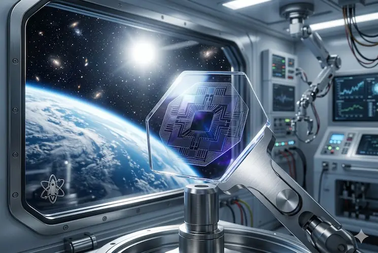 Visão de um laboratório espacial futurista mostrando um processador de safira sintética transparente e hexagonal sendo segurado por um braço robótico, com a Terra e o sol visíveis através de uma janela de escotilha ao fundo.
