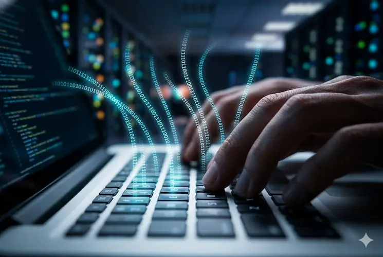 Fotografia macro de m&atilde;os digitando em um teclado com fluxos de dados bin&aacute;rios brilhantes saindo das teclas, simbolizando o rastreamento da Meta.