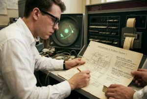 A imagem é uma representação fotorrealista e técnica, com proporções de 750x500 pixels. Ela é centrada na simulação fotorrealista e técnica de Spacewar! rodando em um terminal Type 30 CRT de um DEC PDP-1. Vemos o campo de estrelas verde cintilante, com as naves 'The Needle' e 'The Wedge' engajadas em combate vetorial dinâmico ao redor de uma estrela central brilhante, que exerce força gravitacional.