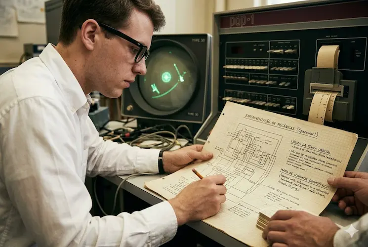 A imagem é uma representação fotorrealista e técnica, com proporções de 750x500 pixels. Ela é centrada na simulação fotorrealista e técnica de Spacewar! rodando em um terminal Type 30 CRT de um DEC PDP-1. Vemos o campo de estrelas verde cintilante, com as naves 'The Needle' e 'The Wedge' engajadas em combate vetorial dinâmico ao redor de uma estrela central brilhante, que exerce força gravitacional.