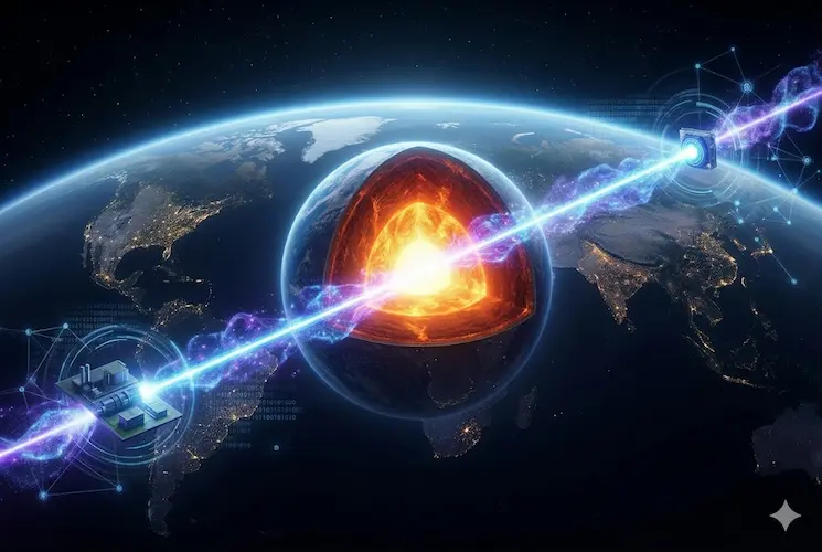 Ilustração conceitual do primeiro laser de neutrinos do mundo atravessando o núcleo da Terra, simbolizando avanços em comunicação global e física de partículas.