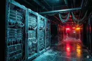 Um corredor de data center em uma situa&ccedil;&atilde;o de emerg&ecirc;ncia, com racks de servidores de computador &agrave; esquerda pesadamente cobertos de gelo e pingentes de gelo. Luzes de emerg&ecirc;ncia vermelhas e laranjas piscam no final do corredor &agrave; direita e no teto, refletindo no ch&atilde;o de metal molhado e reflexivo. Cabos gelados pendem no teto.