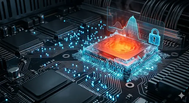 Fotografia macro de um processador de alta tecnologia em close-up, exibindo circuitos azuis brilhantes e um n&uacute;cleo central superaquecido em tons de laranja e vermelho. Camadas de gelo e cristais azuis cobrem as bordas do hardware, com um gr&aacute;fico hologr&aacute;fico de pico de processamento sobreposto, simbolizando sobrecarga de infraestrutura de IA.