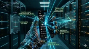 close-up fotorrealista em 16:9 otimizado para mobile, com uma luva t&eacute;cnica de astronauta segurando um iPhone de 2026. A tela exibe a interface de XChat, com sobreposi&ccedil;&otilde;es embutidas: "XCHAT: PRIVACIDADE TOTAL NO iOS" e "LAN&Ccedil;AMENTO: 17 DE ABRIL". Feixes azuis de laser Doppler mapeiam a criptografia. Fundo do hangar Skunk Works. (Infogr&aacute;fico/TecMaker).