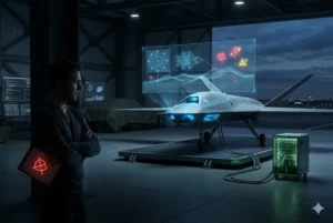 Ilustra&ccedil;&atilde;o realista de um engenheiro de tecnologia com express&atilde;o de preocupa&ccedil;&atilde;o observando um drone militar furtivo dentro de um hangar. O drone est&aacute; conectado a servidores locais de Edge AI e exibe proje&ccedil;&otilde;es hologr&aacute;ficas de redes neurais, mapeamento topogr&aacute;fico e identifica&ccedil;&atilde;o de alvos. O homem segura um tablet com um &iacute;cone de bloqueio vermelho, simbolizando o protesto &eacute;tico contra o uso de intelig&ecirc;ncia artificial em sistemas de defesa e opera&ccedil;&otilde;es militares.