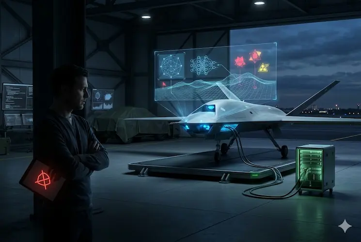 Ilustração realista de um engenheiro de tecnologia com expressão de preocupação observando um drone militar furtivo dentro de um hangar. O drone está conectado a servidores locais de Edge AI e exibe projeções holográficas de redes neurais, mapeamento topográfico e identificação de alvos. O homem segura um tablet com um ícone de bloqueio vermelho, simbolizando o protesto ético contra o uso de inteligência artificial em sistemas de defesa e operações militares.