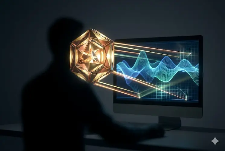 Silhueta de um colaborador em frente ao monitor sendo analisada por uma estrutura geom&eacute;trica de IA em tons de dourado e cobre.