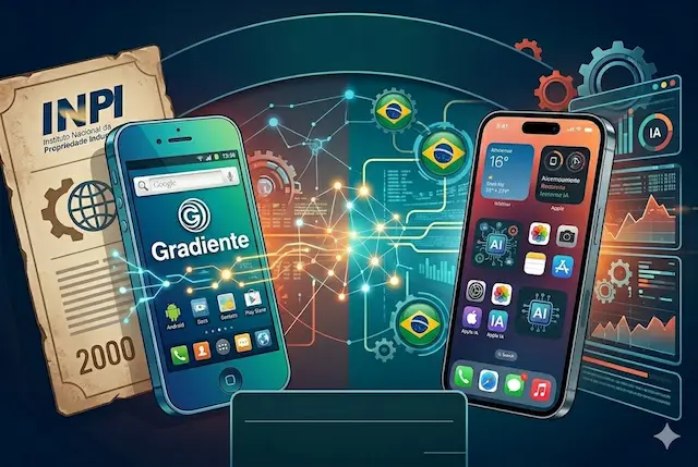Comparativo visual entre o smartphone Gradiente com Android e o iPhone da Apple, destacando o logo do INPI e o ano 2000 ao fundo.