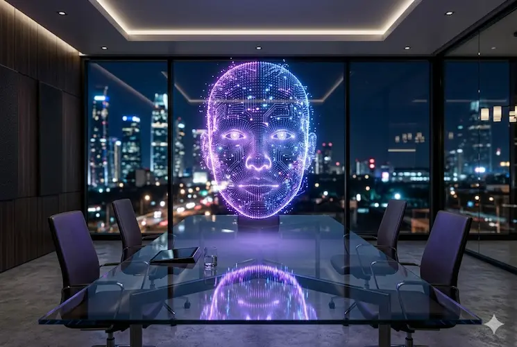 Rosto digital em malha 3D (Digital Twin) flutuando sobre uma mesa de reuni&atilde;o em um escrit&oacute;rio futurista com vista para a cidade &agrave; noite.