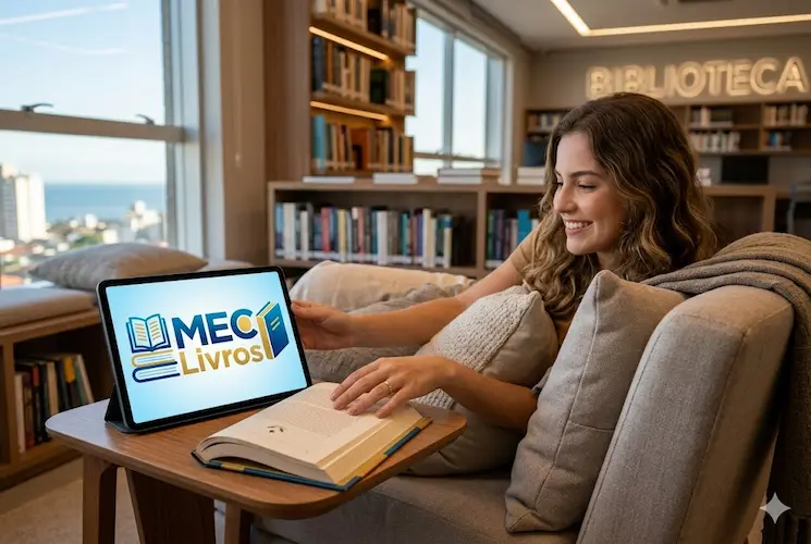 Uma jovem estudante sorridente sentada em um sofá confortável de uma biblioteca moderna, lendo um livro físico enquanto ao lado, em uma mesa de apoio, um tablet exibe o logotipo do MEC Livros. Ao fundo, estantes repletas de livros e uma janela com vista para a cidade.