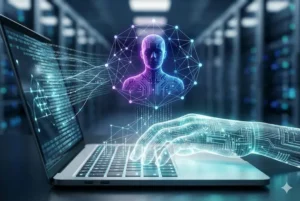 Uma m&atilde;o humana digitalizada e brilhante digita em um laptop em um data center de alta tecnologia. Fluxos de c&oacute;digo bin&aacute;rio azuis e roxos emergem da tela para uma cabe&ccedil;a humana hologr&aacute;fica flutuante, feita de wireframe e n&oacute;s de circuito.