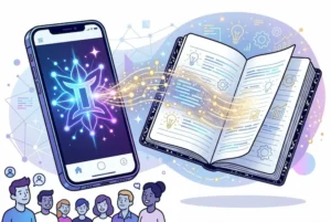 Ilustra&ccedil;&atilde;o digital em estilo moderno mostrando um smartphone &agrave; esquerda exibindo o logotipo da intelig&ecirc;ncia artificial Gemini. Feixes de luz conectam o celular a um caderno aberto (notebook) &agrave; direita, de onde emergem &iacute;cones flutuantes de l&acirc;mpadas, engrenagens e gr&aacute;ficos, simbolizando criatividade e organiza&ccedil;&atilde;o. Na parte inferior, silhuetas de diversas pessoas representam a democratiza&ccedil;&atilde;o do acesso para usu&aacute;rios gratuitos.