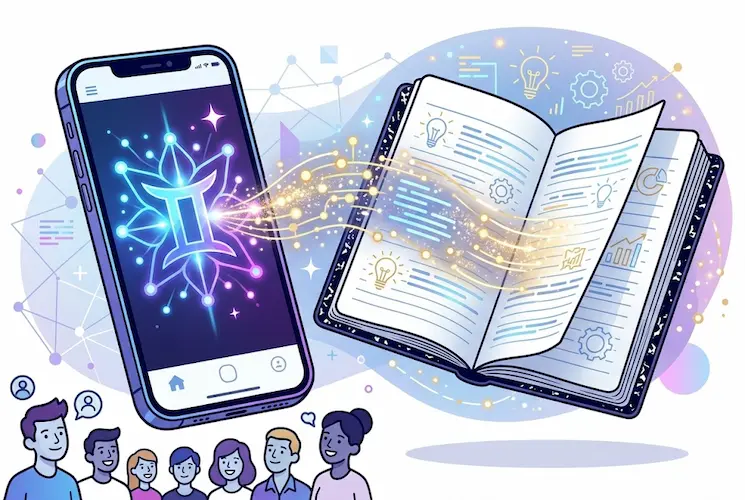 Ilustração digital em estilo moderno mostrando um smartphone à esquerda exibindo o logotipo da inteligência artificial Gemini. Feixes de luz conectam o celular a um caderno aberto (notebook) à direita, de onde emergem ícones flutuantes de lâmpadas, engrenagens e gráficos, simbolizando criatividade e organização. Na parte inferior, silhuetas de diversas pessoas representam a democratização do acesso para usuários gratuitos.