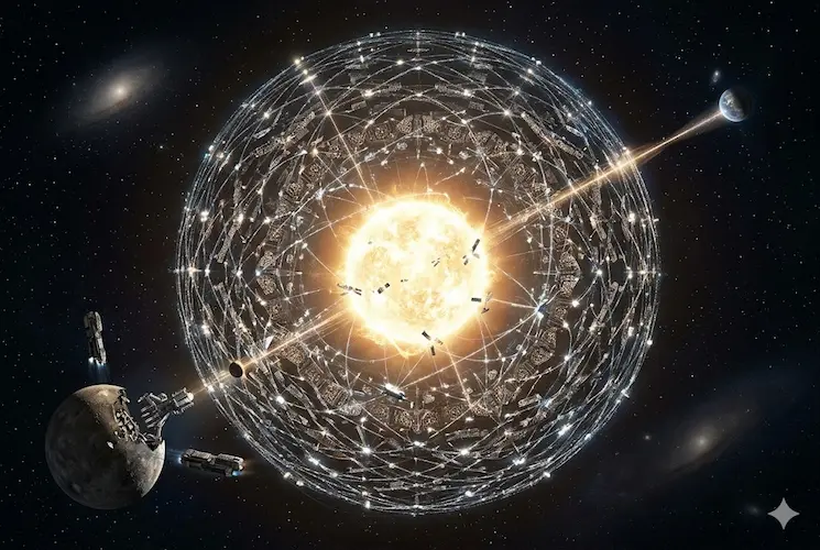 Ilustra&ccedil;&atilde;o fotorrealista e cinematogr&aacute;fica no espa&ccedil;o sideral mostrando a megaestrutura de uma Esfera de Dyson. Uma complexa rede de an&eacute;is luminosos e sat&eacute;lites envolve uma estrela superbrilhante. No canto inferior esquerdo, naves espaciais futuristas mineram um planeta rochoso em peda&ccedil;os para extrair mat&eacute;ria-prima. &Agrave; direita, um poderoso feixe de energia &eacute; transmitido diretamente da estrutura estelar para o planeta Terra ao fundo.