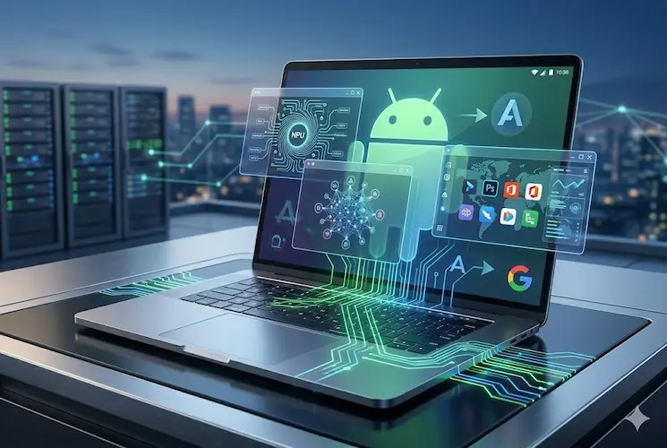 Ilustração futurista de fotorrealismo mostrando um laptop premium de alumínio, o Googlebook, aberto em uma mesa de trabalho escura com linhas de circuito verdes brilhantes. A tela do laptop exibe uma interface de desktop nativa do Android com ícones de aplicativos flutuantes e o robô Android. No fundo, através de uma janela, é visível um data center com racks de servidores brilhantes e uma paisagem urbana ao anoitecer, simbolizando a integração de IA e a nuvem.