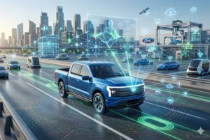 Ilustração digital fotorrealista de uma carrinha pick-up Ford azul a conduzir de forma autónoma numa estrada moderna em direção a uma metrópole futurista. O veículo projeta feixes de luz holográficos verdes e azuis que representam sensores e dados de inteligência artificial de borda. Ao fundo, vê-se uma fábrica automatizada com o logótipo da Ford, braços robóticos e satélites de comunicação sob um céu limpo.