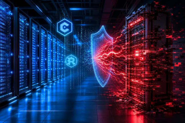 Corredor de data center futurista em vista isométrica, com fileiras de racks de servidores à esquerda emitindo luz azul estável e segura. À direita, um rack específico apresenta falha crítica, brilhando em vermelho intenso com efeitos de glitch e fragmentação digital. No centro, um escudo holográfico semitransparente tenta bloquear ondas de energia vermelha que avançam do servidor comprometido. Símbolos holográficos das linguagens C e Rust flutuam no ambiente, enquanto a iluminação cinematográfica destaca o contraste entre estabilidade e vulnerabilidade.