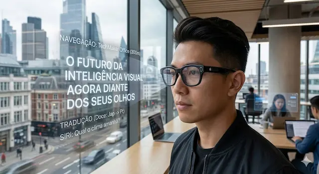 Ilustra&ccedil;&atilde;o fotorrealista de um homem a utilizar os Apple Glasses num escrit&oacute;rio moderno com vista para a cidade. A imagem exibe uma interface digital flutuante (HUD) com informa&ccedil;&otilde;es de navega&ccedil;&atilde;o para o "TechMaker Office", tradu&ccedil;&atilde;o em tempo real e comandos de voz da Siri, exemplificando o conceito de intelig&ecirc;ncia visual.