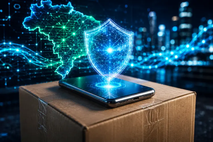 Imagem conceitual futurista mostrando um smartphone moderno sobre uma caixa de envio de papel&atilde;o, protegido por um escudo digital hologr&aacute;fico brilhante em azul neon. Ao fundo, um mapa tecnol&oacute;gico do Brasil formado por fluxos de dados verdes e azuis iluminados, com elementos de cidade futurista desfocados. A cena transmite seguran&ccedil;a digital, e-commerce e tecnologia avan&ccedil;ada em um estilo corporativo premium e cinematogr&aacute;fico.