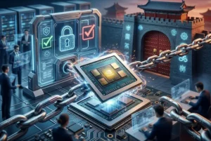 Ilustração cinematográfica fotorrealista mostrando um moderno chip de inteligência artificial da Nvidia brilhante sendo contido por pesadas correntes de metal. À esquerda, painéis digitais holográficos exibem cadeados de segurança e marcações de auditoria. Ao fundo, uma fortaleza com arquitetura tradicional chinesa de portões vermelhos representa o bloqueio do mercado asiático. Profissionais engravatados operam computadores em um ambiente tecnológico, simbolizando as tensões geopolíticas de semicondutores.