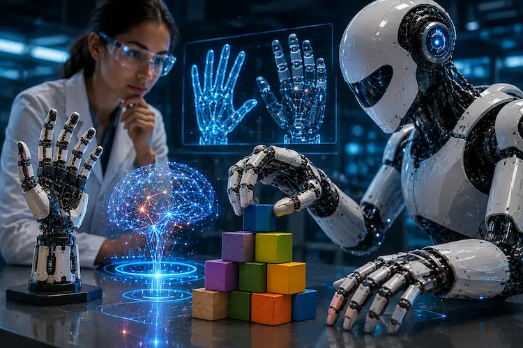 Robô humanoide com mãos articuladas manipula blocos coloridos em laboratório futurista, enquanto cientista observa testes de inteligência artificial voltados à destreza motora inspirada em mãos humanas.