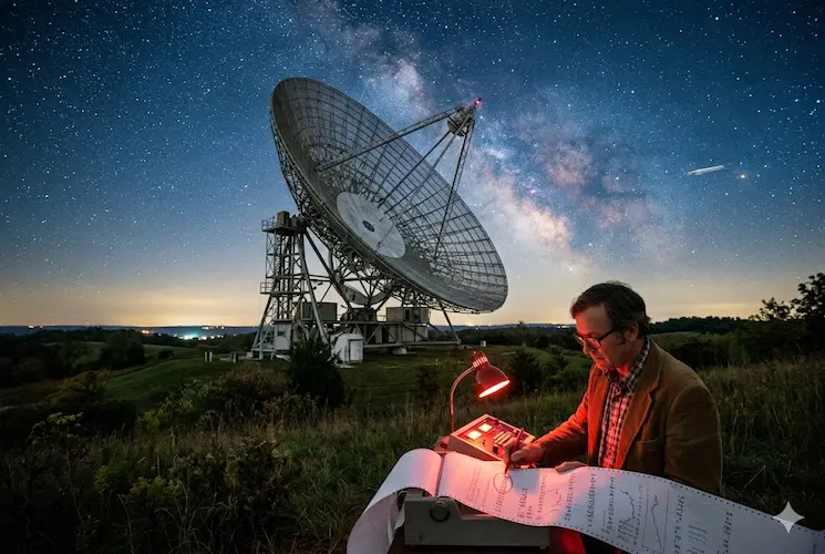Fotografia cinematogr&aacute;fica fotorrealista do astr&ocirc;nomo Jerry Ehman revisando dados impressos de um radiotelesc&oacute;pio sob a luz de uma lumin&aacute;ria vermelha. Ao fundo, um enorme prato de radiotelesc&oacute;pio sob um c&eacute;u noturno estrelado com a Via L&aacute;ctea vis&iacute;vel. O astr&ocirc;nomo utiliza uma caneta vermelha para circular o c&oacute;digo 6EQUJ5 em um papel cont&iacute;nuo, representando o momento hist&oacute;rico da descoberta do Sinal Wow.