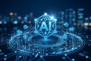 Ilustração digital futurista e tecnológica focada em inteligência artificial. No centro, destaca-se um emblema geométrico brilhante em tons de azul com a inscrição "AI". A estrutura está posicionada sobre uma plataforma circular flutuante repleta de circuitos integrados e linhas de dados luminosas. O fundo exibe a silhueta desfocada de uma metrópole moderna à noite, transmitindo conectividade e inovação computacional. Sem texto verbal de leitura.