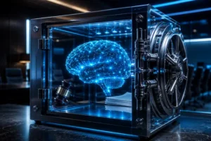 Cérebro holográfico azul formado por conexões neurais de inteligência artificial flutuando dentro de um cofre corporativo transparente e blindado. Reflexos sutis de documentos jurídicos e um martelo de juiz aparecem no interior do cofre, enquanto ao fundo surge uma sala de reuniões escura com iluminação neon azul. A cena possui estética tecnológica premium, cinematográfica e ultradetalhada.