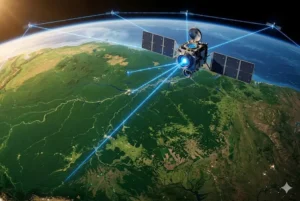 Fotografia fotorrealista e cinematográfica no espaço sideral, mostrando um moderno satélite de baixa órbita da constelação SpaceSail posicionado sobre o Brasil. O equipamento possui painéis solares detalhados e emite sutis feixes de luz representando conectividade de alta velocidade sobre a Amazônia e áreas de agronegócio.