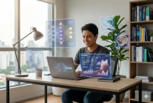 Fotografia realista de um jovem sorridente a utilizar um computador portátil numa secretária de um escritório moderno. Ao seu redor, flutuam painéis holográficos luminosos que exibem uma rede neuronal, gráficos de análise de dados e ícones com cérebros brilhantes, simbolizando a aprendizagem prática e interativa de Inteligência Artificial.