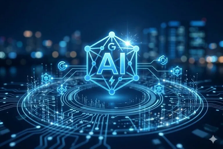 Ilustra&ccedil;&atilde;o digital futurista e tecnol&oacute;gica focada em intelig&ecirc;ncia artificial. No centro, destaca-se um emblema geom&eacute;trico brilhante em tons de azul com a inscri&ccedil;&atilde;o "AI". A estrutura est&aacute; posicionada sobre uma plataforma circular flutuante repleta de circuitos integrados e linhas de dados luminosas. O fundo exibe a silhueta desfocada de uma metr&oacute;pole moderna &agrave; noite, transmitindo conectividade e inova&ccedil;&atilde;o computacional. Sem texto verbal de leitura.