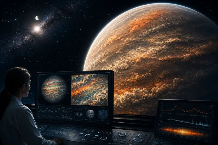 Cientista monitora dados clim&aacute;ticos de um exoplaneta gigante em centro de observa&ccedil;&atilde;o espacial avan&ccedil;ado, enquanto nuvens turbulentas e ciclos atmosf&eacute;ricos de silicato aparecem em telas digitais e na superf&iacute;cie do planeta ao fundo.