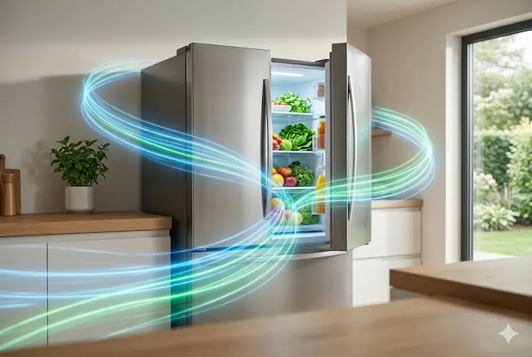 Geladeira Inverter moderna de inox com as portas abertas, envolvida por feixes de luz neon nas cores verde e azul, simbolizando o fluxo de efici&ecirc;ncia energ&eacute;tica e a refrigera&ccedil;&atilde;o sustent&aacute;vel em uma cozinha bem iluminada.