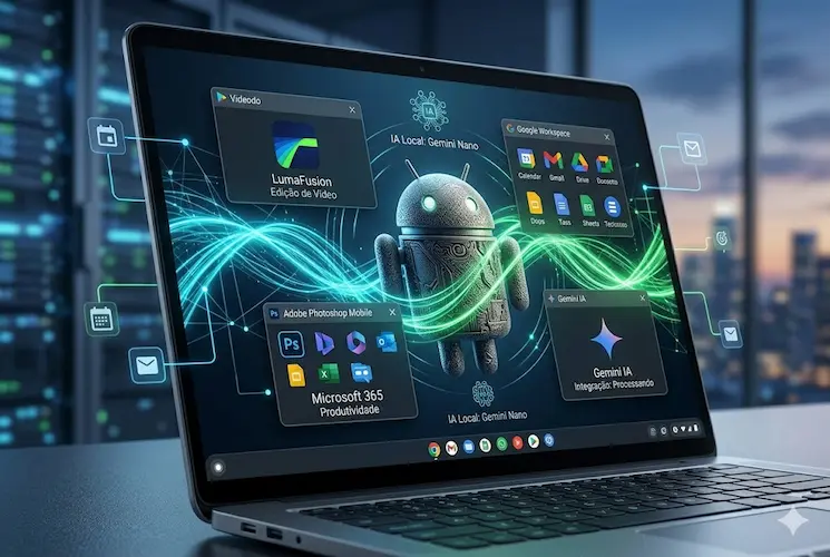 Um laptop aberto exibindo uma interface de sistema operacional avan&ccedil;ada com um rob&ocirc; Android prateado no centro, cercado por janelas de aplicativos flutuantes e transparentes que ilustram a integra&ccedil;&atilde;o de IA e produtividade. Ondas brilhantes de dados fluem ao redor e conectam os elementos, com um fundo de centro de dados de alta tecnologia e vista da cidade &agrave; noite. As janelas mostram logotipos e textos para LumaFusion, Google Workspace, Adobe Photoshop, Microsoft 365 e Gemini IA.