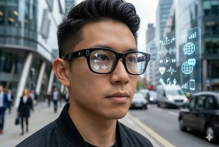 Ilustração cinematográfica fotorrealista de um homem a usar os Apple Glasses numa rua movimentada da cidade. Os óculos exibem uma interface digital flutuante (HUD) com ícones modernos de conectividade, música e batimentos cardíacos, simbolizando a tecnologia de inteligência visual e a computação de rosto da Apple.