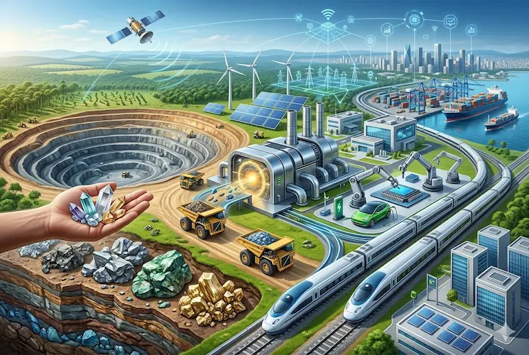 Ilustra&ccedil;&atilde;o fotorrealista e cinematogr&aacute;fica detalhando a cadeia de valor dos minerais cr&iacute;ticos. Em primeiro plano, uma m&atilde;o segura cristais luminosos de terras raras. Ao fundo, uma imensa mina a c&eacute;u aberto conecta-se a caminh&otilde;es de transporte, uma moderna f&aacute;brica de processamento de alta tecnologia, trens-bala e navios cargueiros. No c&eacute;u, proje&ccedil;&otilde;es hologr&aacute;ficas azuis mostram sat&eacute;lites, redes de dados e microchips, simbolizando a soberania tecnol&oacute;gica e o avan&ccedil;o da ind&uacute;stria nacional. Sem texto.