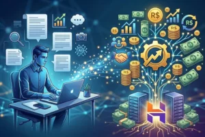 Uma ilustração digital de estilo tecnológico mostrando um homem sentado a uma mesa usando um notebook. Ícones flutuantes de criação de conteúdo e SEO fluem para uma árvore digital ramificada, que está coberta por pilhas de moedas e notas de Real (R$), sacos de dinheiro e gráficos de crescimento. À base da árvore, há servidores e montes de dinheiro em espécie (R$). A imagem simboliza o processo de criação, otimização e monetização de um blog para ganhar dinheiro na internet.