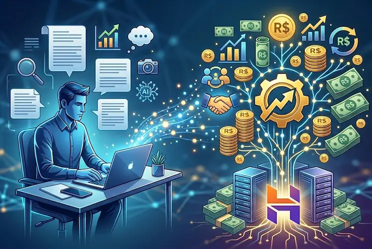 Uma ilustra&ccedil;&atilde;o digital de estilo tecnol&oacute;gico mostrando um homem sentado a uma mesa usando um notebook. &Iacute;cones flutuantes de cria&ccedil;&atilde;o de conte&uacute;do e SEO fluem para uma &aacute;rvore digital ramificada, que est&aacute; coberta por pilhas de moedas e notas de Real (R$), sacos de dinheiro e gr&aacute;ficos de crescimento. &Agrave; base da &aacute;rvore, h&aacute; servidores e montes de dinheiro em esp&eacute;cie (R$). A imagem simboliza o processo de cria&ccedil;&atilde;o, otimiza&ccedil;&atilde;o e monetiza&ccedil;&atilde;o de um blog para ganhar dinheiro na internet.