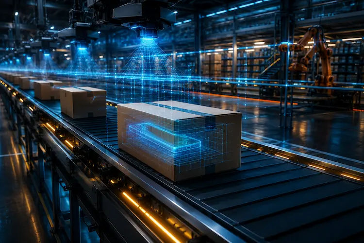 Centro log&iacute;stico futurista com esteiras automatizadas transportando caixas de papel&atilde;o sob scanners hologr&aacute;ficos azuis. Grades de laser analisam os pacotes enquanto uma proje&ccedil;&atilde;o digital revela o contorno de um smartphone dentro de uma das caixas. O ambiente industrial moderno possui ilumina&ccedil;&atilde;o cinematogr&aacute;fica em tons neon azul e &acirc;mbar, transmitindo tecnologia avan&ccedil;ada e seguran&ccedil;a log&iacute;stica.