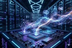 Ilustração 3D de um data center futurista com um microchip central emitindo conexões de luz neon e o holograma de um cérebro digital, representando o processamento avançado de modelos de IA.