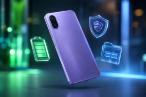 Smartphone Samsung Galaxy em cor violeta flutuando sobre uma superfície minimalista com iluminação neon azul e verde ao fundo. O aparelho possui acabamento texturizado e câmera dupla traseira. Ao redor dele, ícones holográficos transparentes representam bateria, segurança digital e armazenamento, criando uma estética futurista, tecnológica e premium com fundo desfocado em efeito bokeh.
