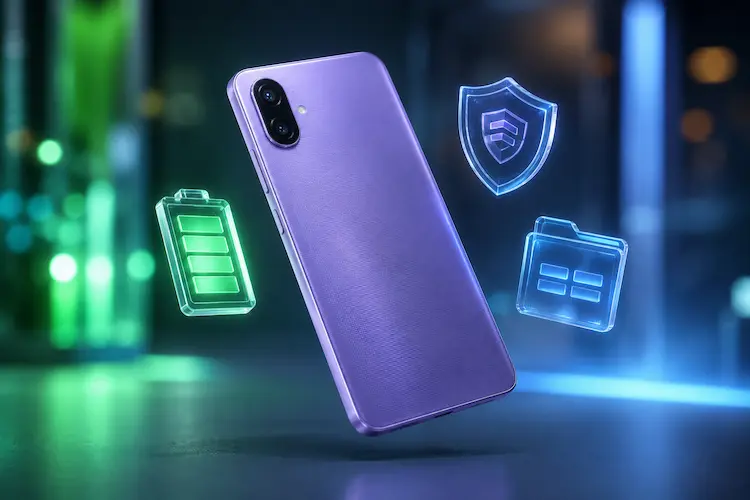Smartphone Samsung Galaxy em cor violeta flutuando sobre uma superf&iacute;cie minimalista com ilumina&ccedil;&atilde;o neon azul e verde ao fundo. O aparelho possui acabamento texturizado e c&acirc;mera dupla traseira. Ao redor dele, &iacute;cones hologr&aacute;ficos transparentes representam bateria, seguran&ccedil;a digital e armazenamento, criando uma est&eacute;tica futurista, tecnol&oacute;gica e premium com fundo desfocado em efeito bokeh.